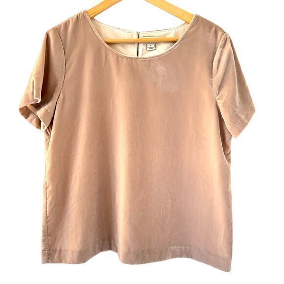 J. Crew Light Pink Short Sleeve Scoop Neck Button Lined Velvet Blouse Size M - Picture 1 of 8